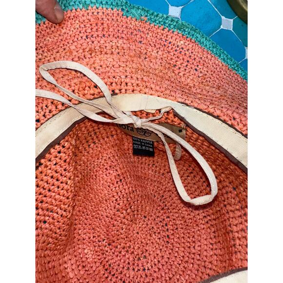 VINTAGE FLORA BELLA 100% RAFFIA ADJUSTABLE STRAW HAT CORAL TURQUOISE - Picture 3 of 6